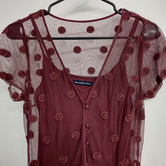 Abercrombie & Fitch Burgundy Floral Mesh Maxi Dress Size XS - Picture 5 of 12